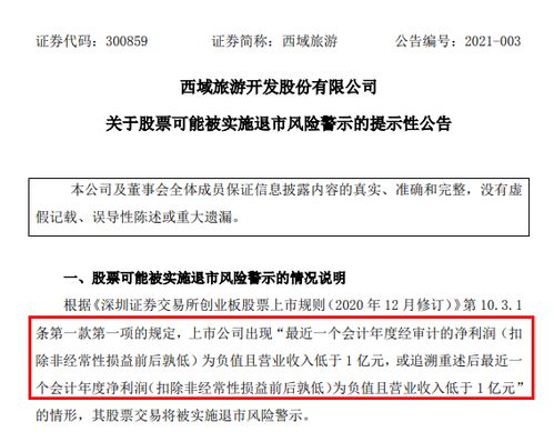 西域旅游業績預虧且營收低于1億,上市不到半年或將被退市警示